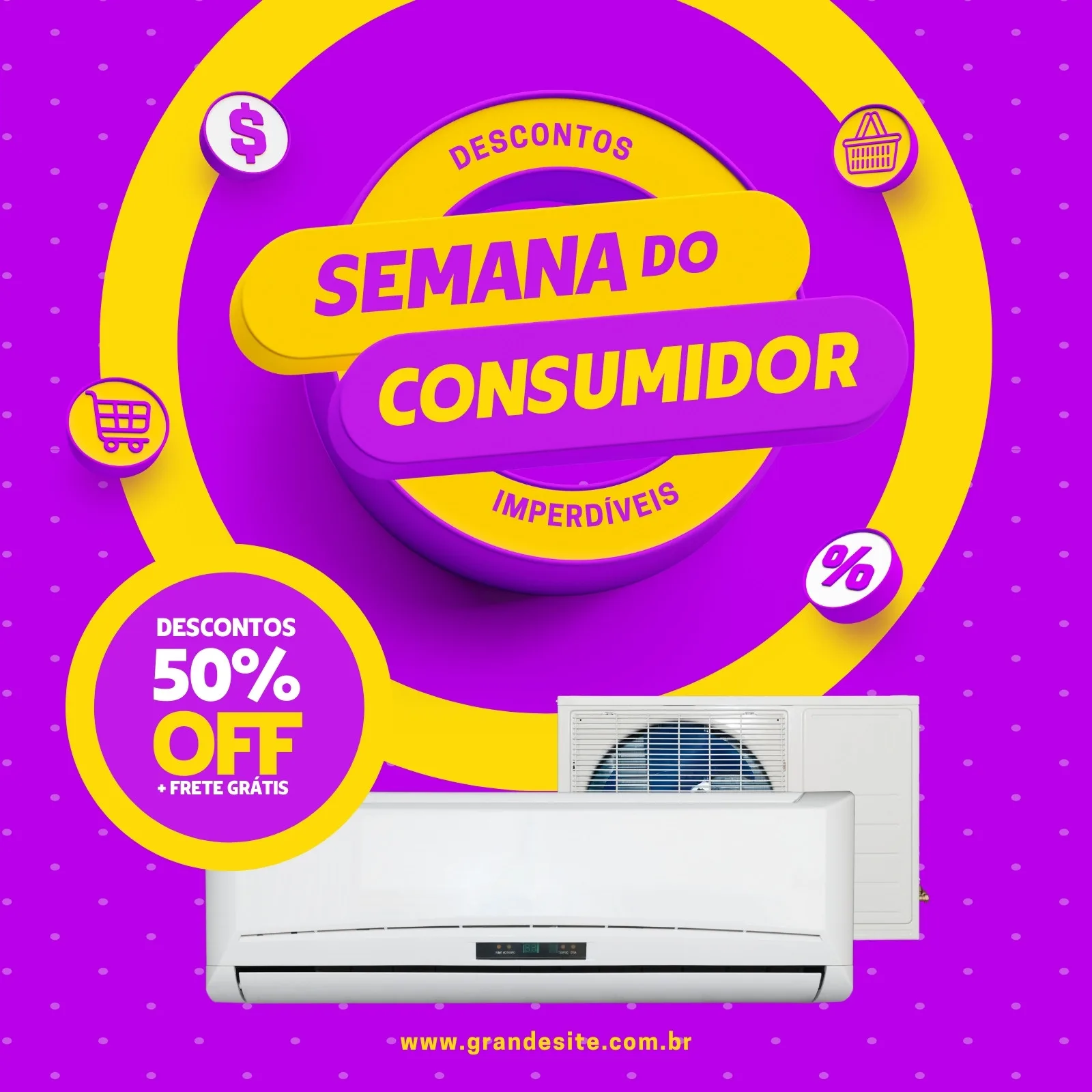 Template de post para redes sociais com fundo roxo e detalhes em amarelo. Destaca o título 'Semana do Consumidor' com ofertas imperdíveis, incluindo 50% OFF e frete grátis. Imagem de aparelhos de ar condicionado ao fundo.