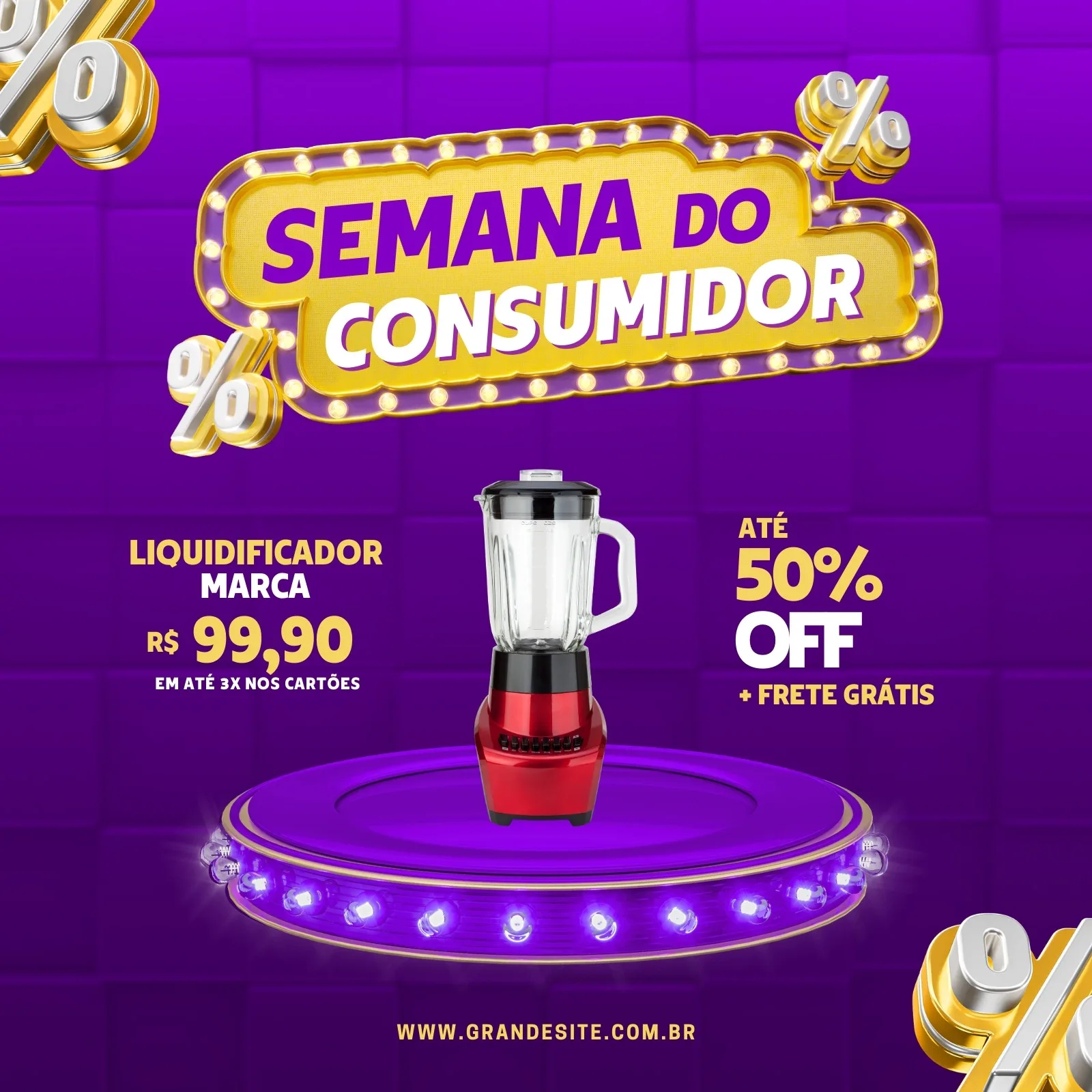 Template de post para Instagram e Facebook com o título 'Semana do Consumidor' em destaque roxo e dourado. Apresenta um liquidificador vermelho em um pedestal iluminado, com oferta de até 50% OFF e frete grátis, ideal para promoções de varejo.