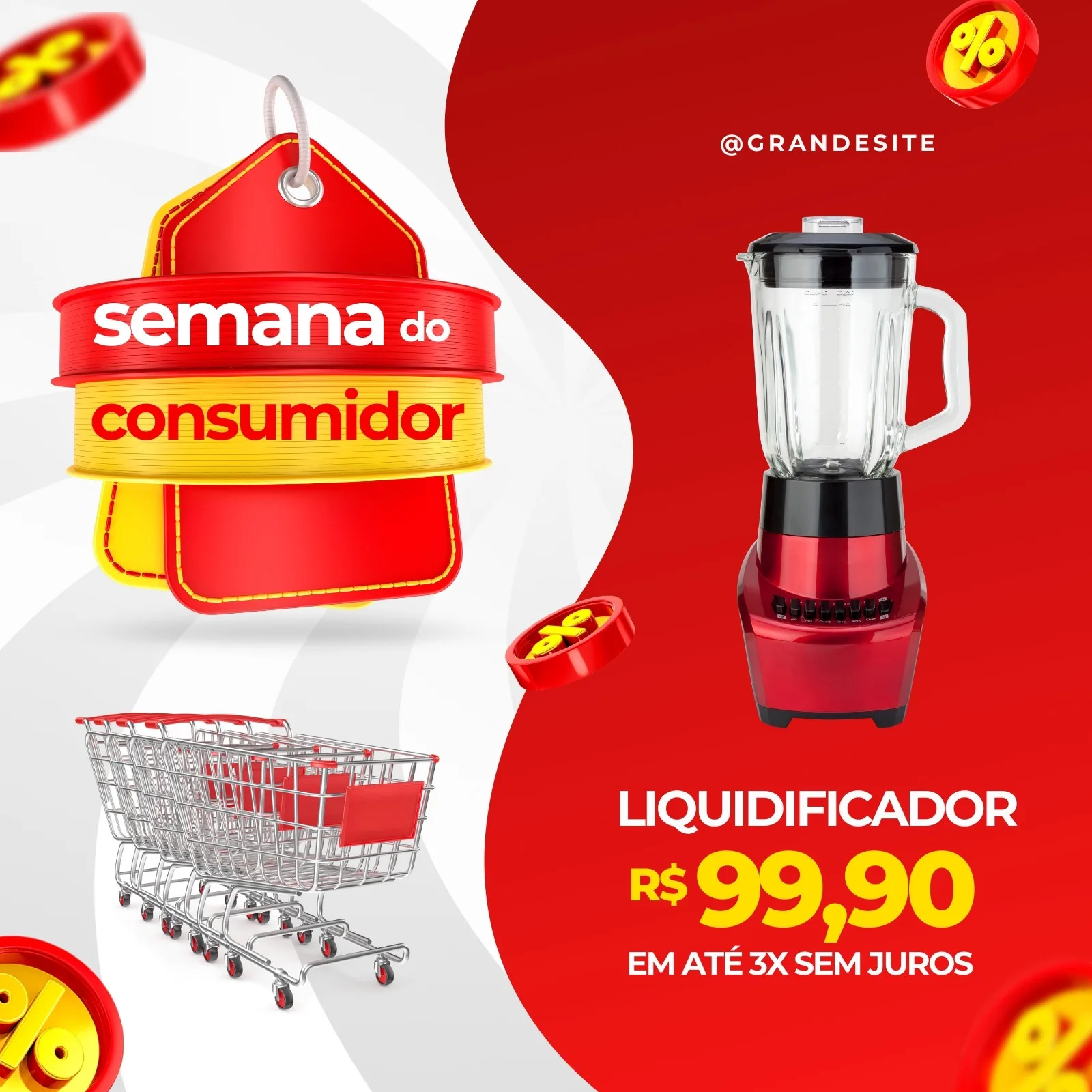 Template de post para Instagram e Facebook com tema 'Semana do Consumidor'. Fundo vermelho e amarelo vibrantes, com elementos como etiquetas de preço, carrinho de compras e um liquidificador em oferta por R$99,90.