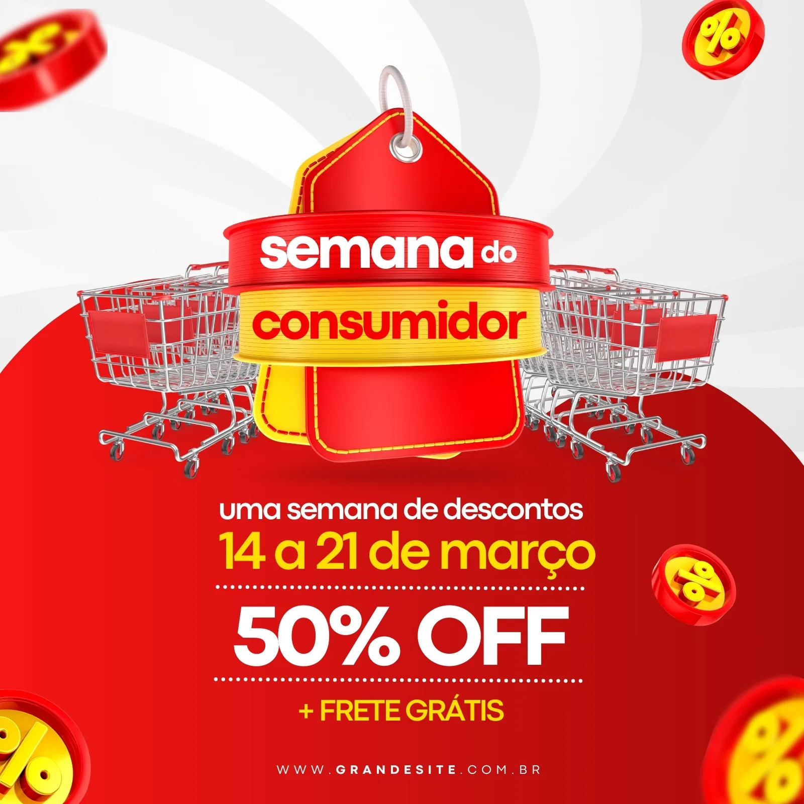 Template de post para redes sociais com fundo vermelho e branco, destacando a Semana do Consumidor com ofertas de 50% OFF. Carrinhos de compras e etiquetas de preço com símbolo de porcentagem completam o design promocional.
