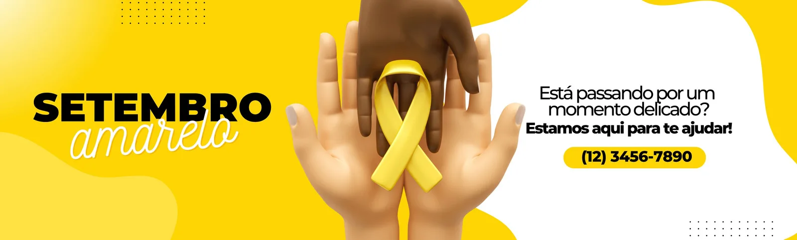 Banner horizontal amarelo com a frase "Setembro Amarelo" em destaque. Duas mãos, uma escura e uma clara, seguram juntas uma fita amarela, símbolo da campanha. Ao lado, a mensagem "Está passando por um momento delicado? Estamos aqui para te ajudar!" e um número de telefone.