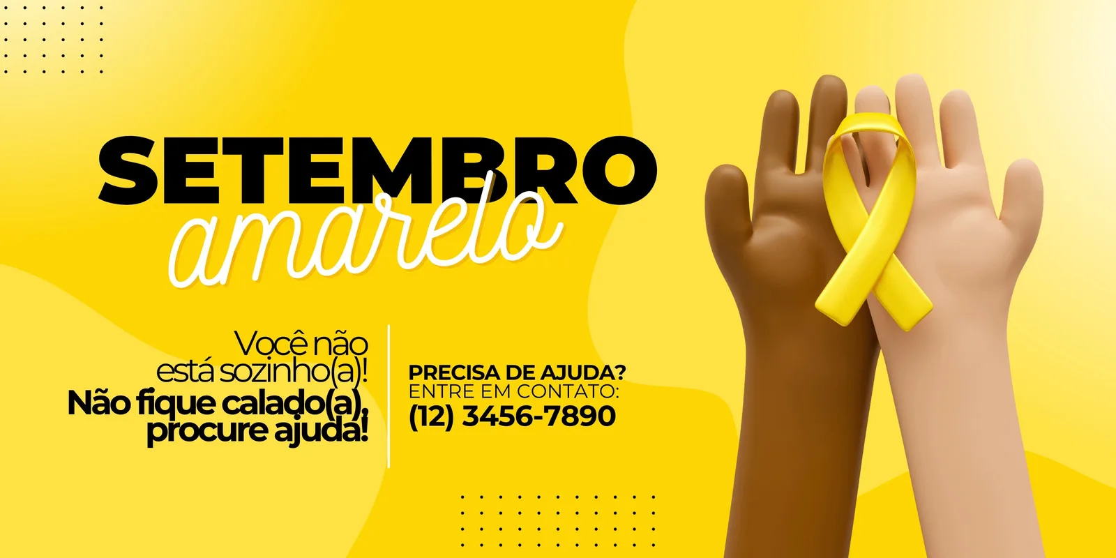Banner horizontal com fundo amarelo vibrante e o texto 'Setembro Amarelo'. Duas mãos, uma de pele escura e outra clara, se unem com uma fita amarela da campanha no pulso. Mensagens de apoio e contato para ajuda estão presentes.