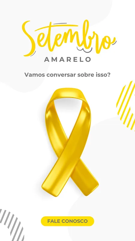 Template de Story para Instagram com fundo branco e elementos em amarelo e preto, destacando a fita símbolo do Setembro Amarelo e a frase "Vamos conversar sobre isso?". Um botão amarelo com o texto "Fale Conosco" está posicionado na parte inferior.