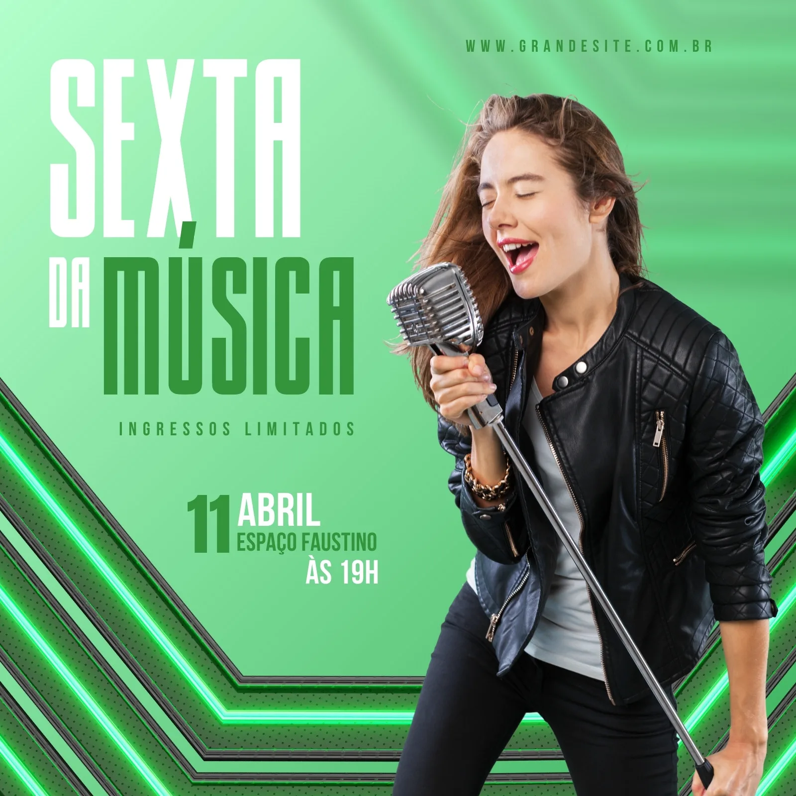 Mulher cantando em um microfone vintage com os olhos fechados, vestindo jaqueta de couro preta. O fundo é verde com listras neon brilhantes e o texto 'Sexta da Música' em destaque, anunciando um evento.