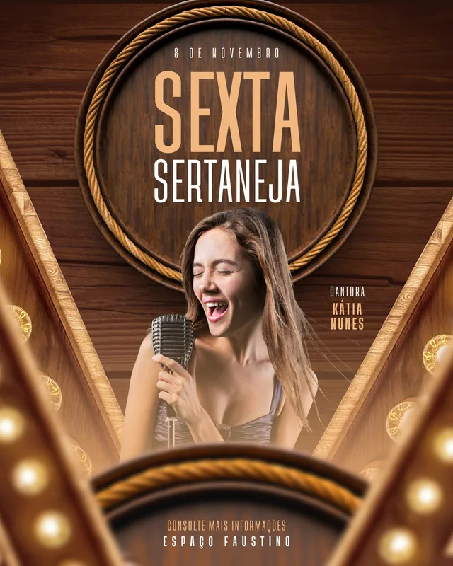Template de post para Instagram com tema "Sexta Sertaneja", apresentando uma cantora ao microfone vintage, fundo de madeira rústica e detalhes de barril e luzes. Ideal para divulgar shows musicais sertanejos e eventos.