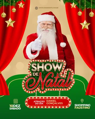 Post para Instagram com tema de Natal, apresentando o Papai Noel sorrindo e dando um joinha. O título 'Show de Natal' em destaque com luzes, e informações sobre atração do dia e data.