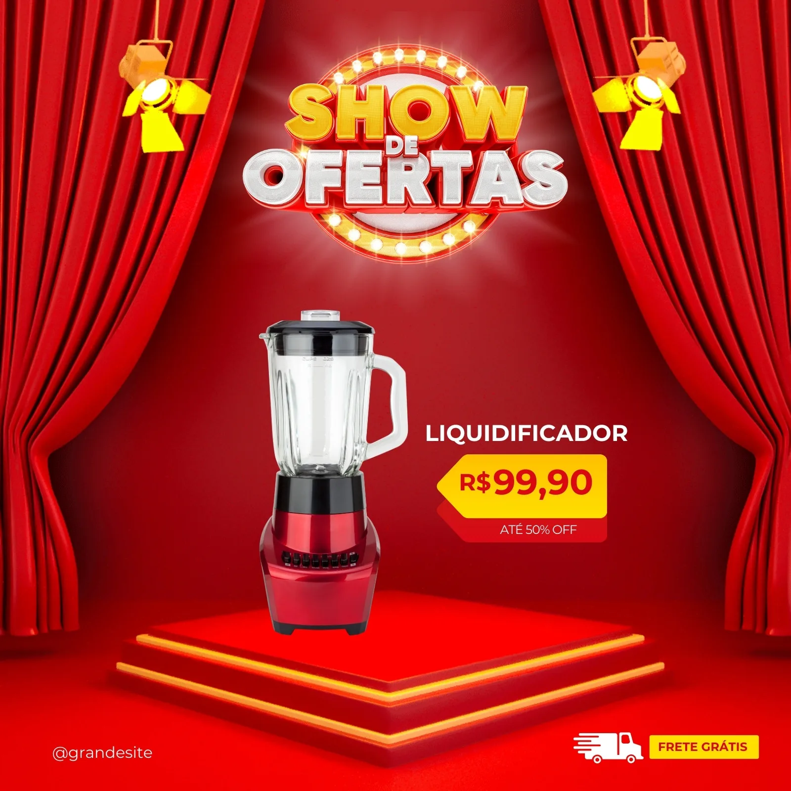 Template de post para redes sociais com fundo vermelho e cortinas de veludo, destacando um liquidificador em promoção com o título 'Show de Ofertas' e preço especial. Inclui ícone de caminhão para frete grátis.
