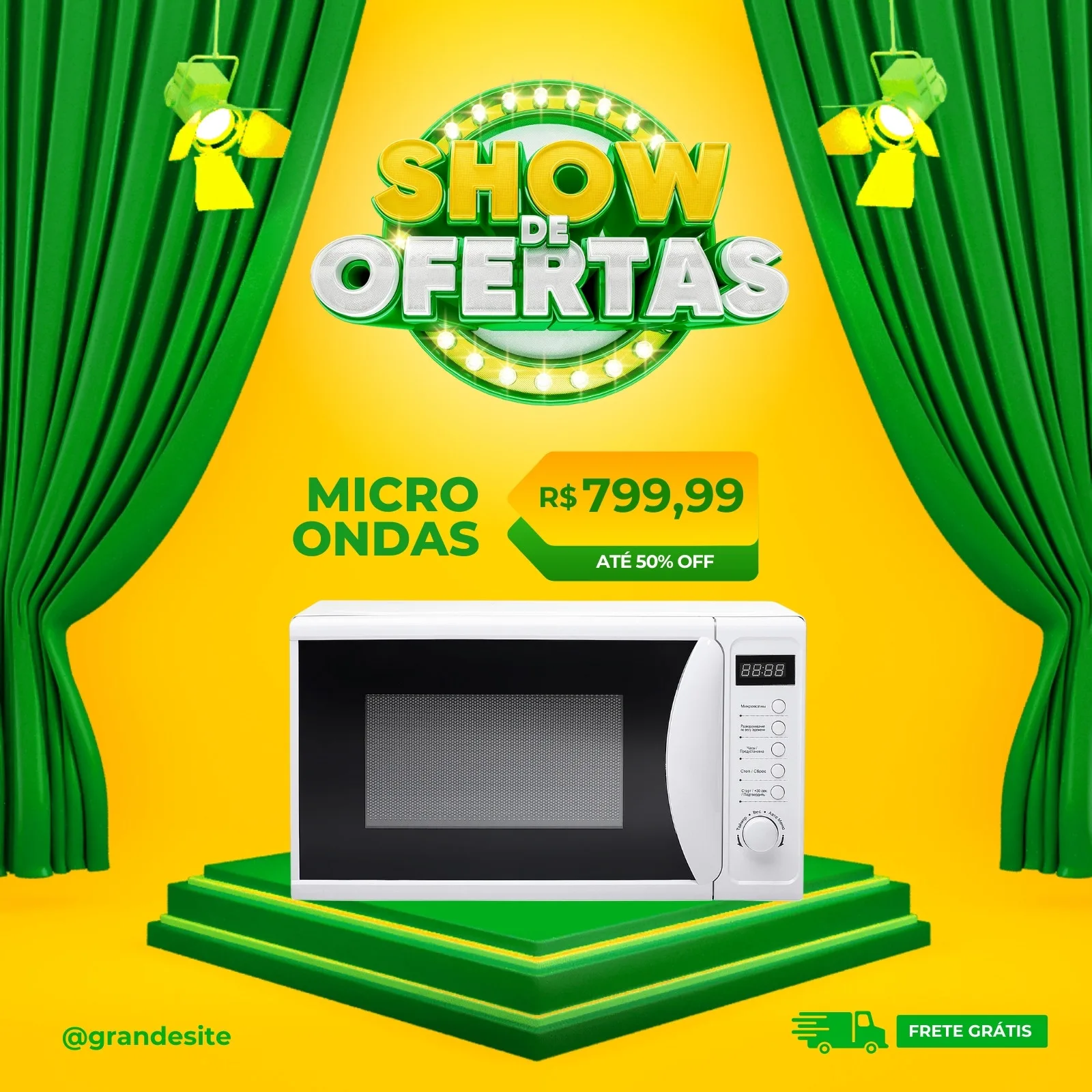 Template de post para redes sociais com fundo amarelo vibrante e cortinas verdes. Destaca um micro-ondas branco em promoção, com o texto 'Show de Ofertas' e preço R$ 799,99 com 50% OFF. Inclui ícone de caminhão com 'Frete Grátis'.