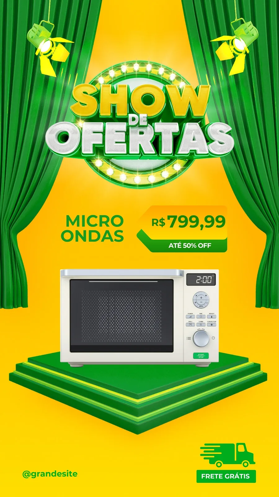 Template de Story para Instagram com o título 'Show de Ofertas' em destaque. Um micro-ondas é exibido em um palco verde, com preço e desconto. As cortinas verdes e holofotes criam um clima de evento especial.