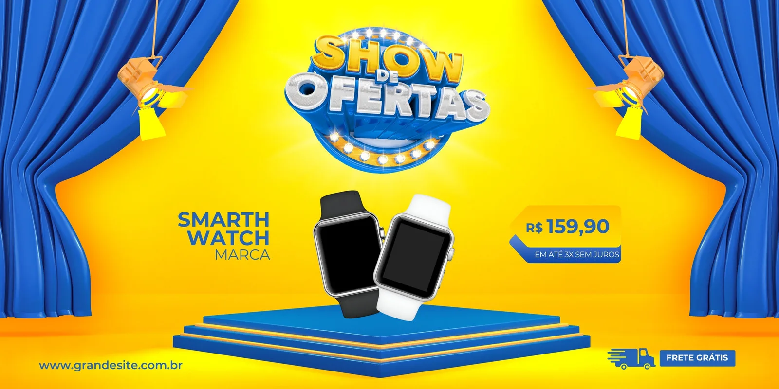 Banner horizontal com fundo amarelo vibrante e cortinas azuis. Ao centro, um título "Show de Ofertas" em 3D, com dois smartwatches (preto e branco) em destaque. Informações de preço e frete grátis visíveis.