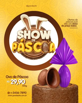 Template de post para Instagram e Facebook com o título "Show de Páscoa" em destaque, com orelhas de coelho e ovos de chocolate. Fundo amarelo com textura de ovos, cores marrom e roxo. Ideal para promoções de Páscoa.