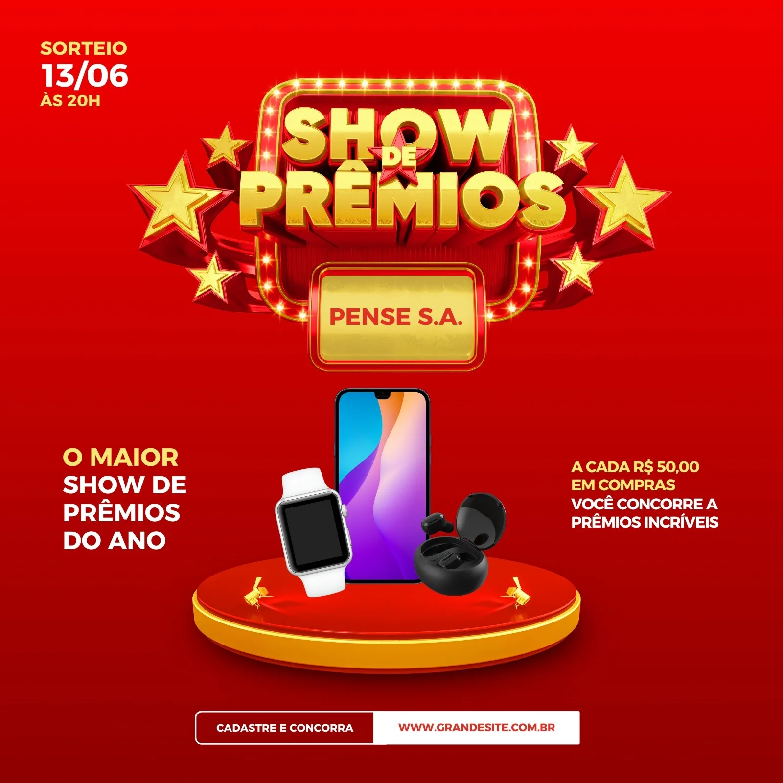 Post para Instagram com fundo vermelho e detalhes dourados, anunciando um 'Show de Prêmios'. Destaca um smartphone, smartwatch e fones de ouvido em um pódio, com informações sobre sorteio e data.