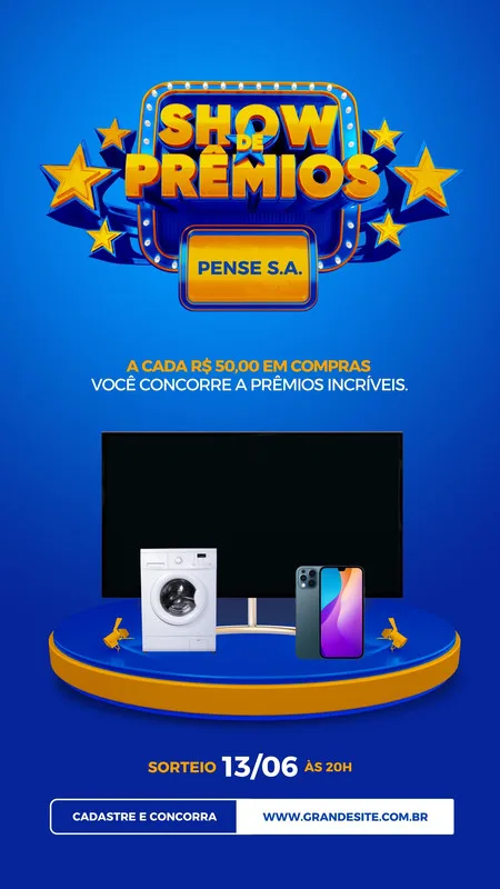 Template de Instagram Story com o título "Show de Prêmios" em destaque, exibindo uma máquina de lavar, um smartphone e uma TV. O fundo é azul vibrante com estrelas douradas, promovendo um sorteio com data e site para cadastro.