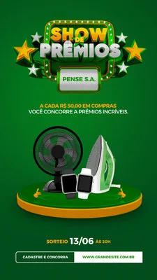 Template de Instagram Story com fundo verde e detalhes em laranja, promovendo um 'Show de Prêmios'. Apresenta um ventilador, ferro de passar e dois smartwatches em um pedestal, com texto sobre sorteio e data.
