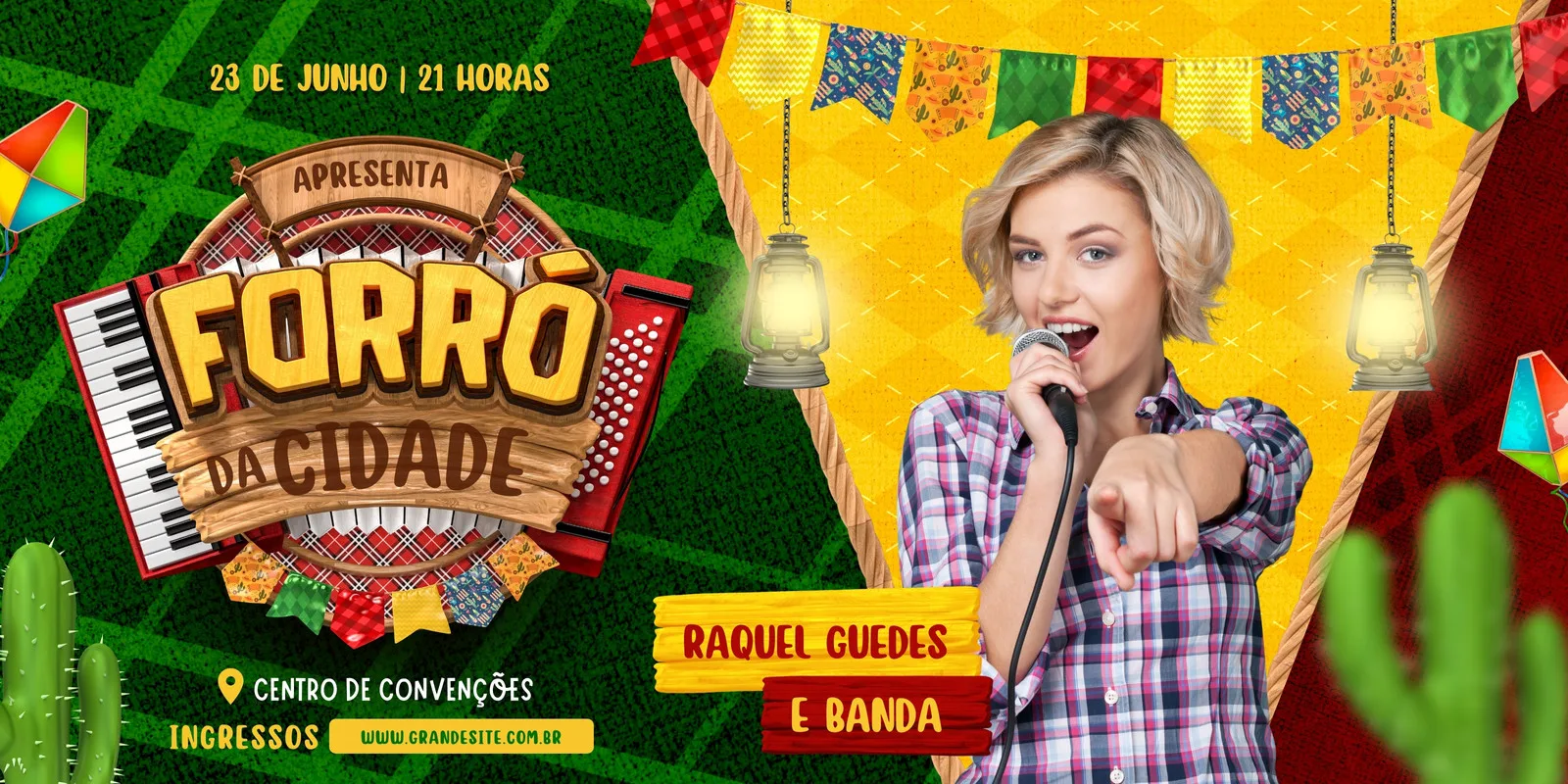 Banner horizontal com tema de festa junina, apresentando um show de forró. Inclui elementos como sanfona, teclado, bandeirinhas, balões e uma cantora com microfone, com a data e local do evento.