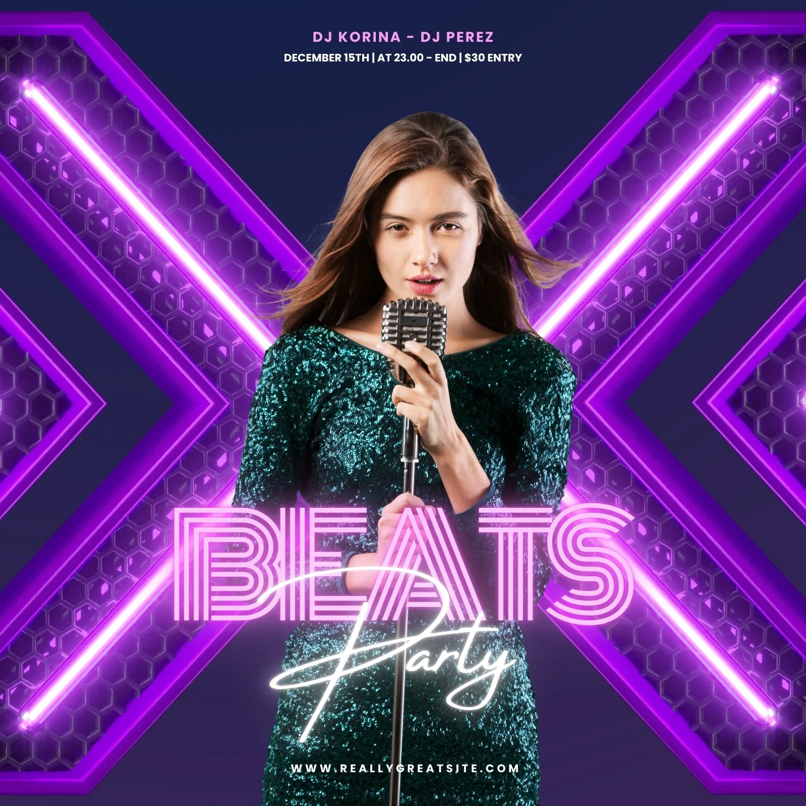 Post para redes sociais com fundo roxo escuro e detalhes em neon roxo e rosa. Uma mulher com vestido brilhante segura um microfone vintage. O texto 'BEATS PARTY' em neon se destaca, promovendo um evento musical.