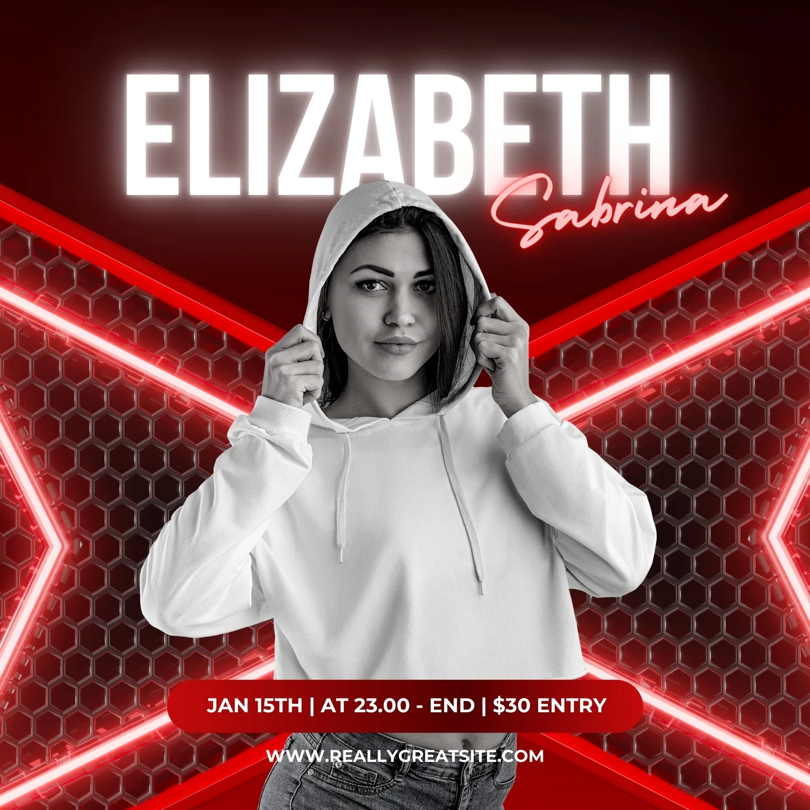 Template de post para evento musical com fundo vermelho e preto, iluminação neon, e a imagem de uma mulher com capuz. Informações de data, hora e preço de entrada são exibidas na parte inferior.