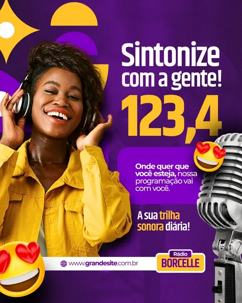 Post para Instagram com fundo roxo e detalhes geométricos amarelos. Uma mulher sorri usando fones de ouvido, ao lado do texto 'Sintonize com a gente!' e a frequência 123,4. Um microfone vintage e emojis de coração completam o design vibrante.
