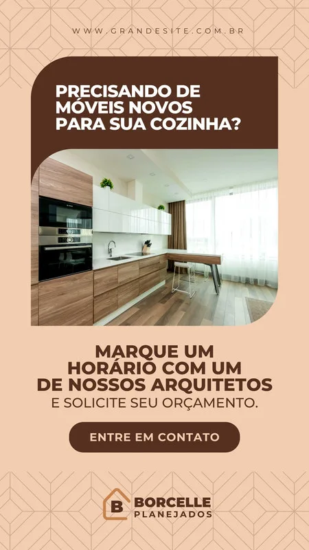 Template de Story para Instagram com fundo bege e detalhes geométricos em tom de marrom. Apresenta uma imagem de cozinha planejada moderna e o texto "Precisando de móveis novos para sua cozinha? Marque um horário com um de nossos arquitetos e solicite seu orçamento."