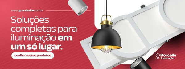 Banner horizontal vermelho e branco com o título 'Soluções completas para iluminação em um só lugar'. Apresenta diversos tipos de luminárias modernas, como pendentes e painéis de LED, com o logo da Borcelle Iluminação.