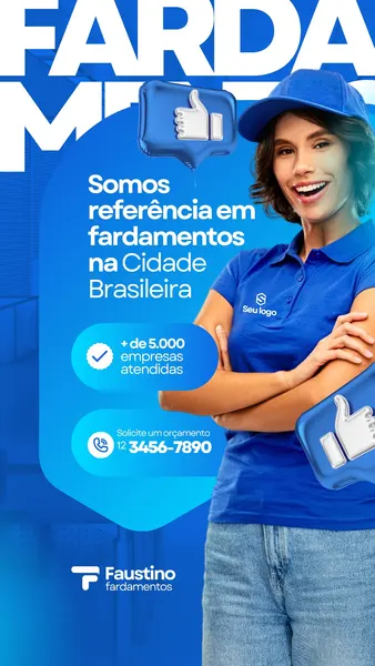 Um template de story para Instagram com fundo azul e branco, apresentando uma mulher sorrindo vestindo uniforme azul. O texto destaca "Somos referência em fardamentos" e informações de contato para orçamentos.