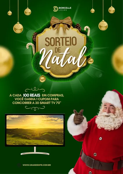 Cartaz de sorteio de Natal com fundo verde escuro e detalhes dourados. Um laço dourado decora o topo, com enfeites natalinos e a frase 'Sorteio de Natal' em destaque. Papai Noel sorri ao lado de uma TV, anunciando o prêmio.