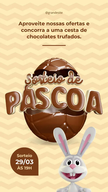 Template de Instagram Story para sorteio de Páscoa, com fundo bege e marrom, um ovo de chocolate rachado com a frase 'Sorteio de Páscoa' em destaque e um coelho sorridente. Inclui informações sobre data e hora do sorteio.
