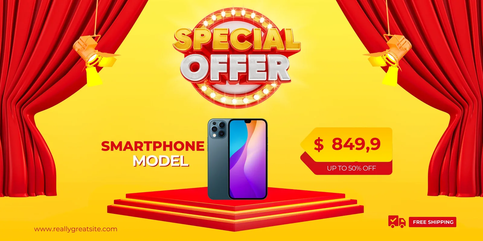 Banner horizontal amarelo com cortinas vermelhas nas laterais e um letreiro luminoso 'Special Offer'. Um smartphone é exibido em um pódio vermelho, com preço e desconto em destaque. Inclui ícones de frete grátis e site.