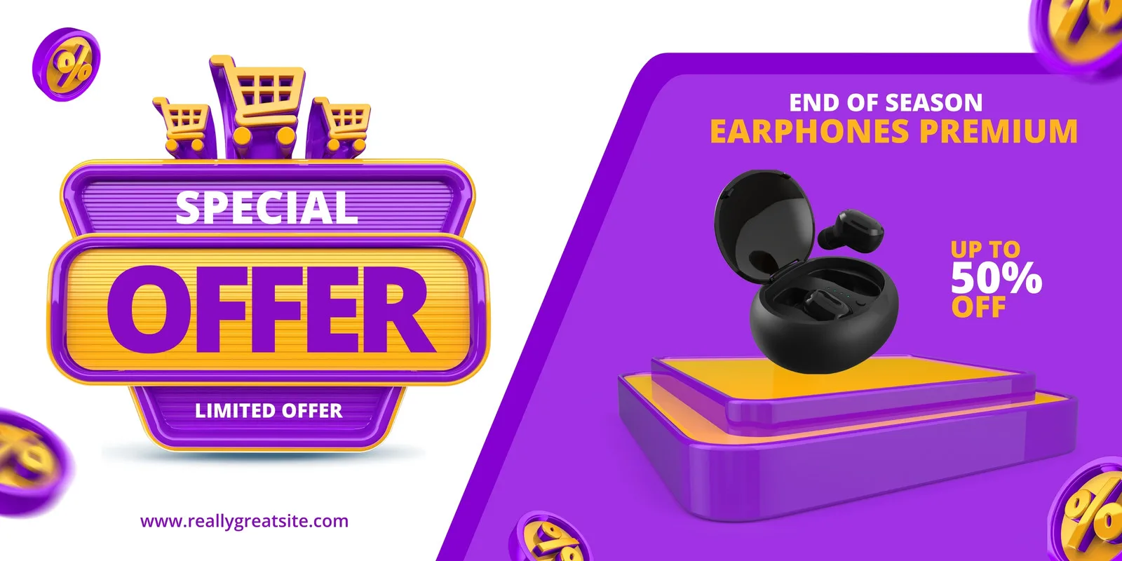 Banner horizontal moderno com fundo roxo e detalhes em laranja, promovendo fones de ouvido premium em oferta especial. Destaca um desconto de até 50% e ícones de carrinho de compras.