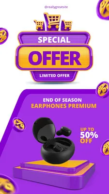 Template de Instagram Story com fundo roxo vibrante e detalhes em amarelo. Destaca um banner com 'Special Offer' e 'Limited Offer', seguido por uma imagem de fones de ouvido sem fio e a oferta 'Up to 50% Off'.