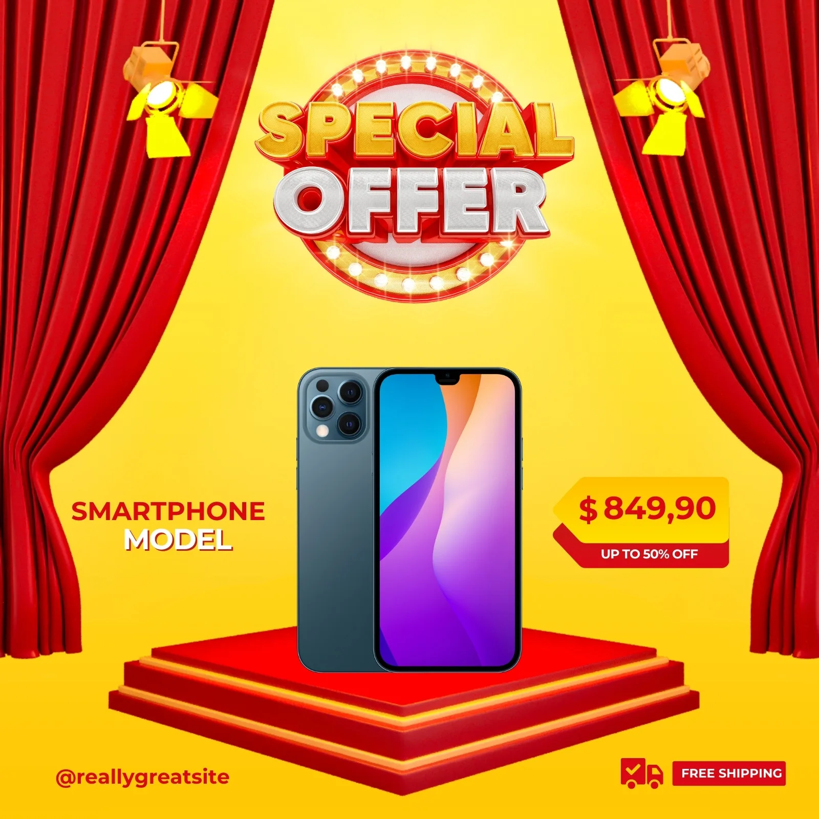 Template de post para Instagram com fundo amarelo e cortinas vermelhas, destacando um smartphone moderno em um pódio. Um banner de 'Special Offer' com luzes e o preço $849,90 com 'Up to 50% Off' complementam a promoção.