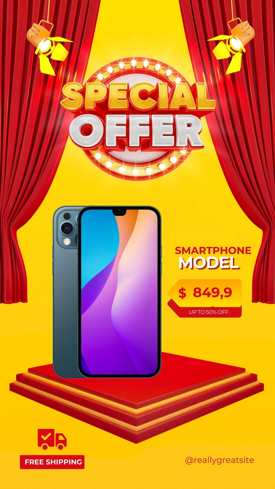 Template de Story para Instagram com fundo amarelo vibrante, cortinas vermelhas e um smartphone em destaque. Título 'Special Offer' em letras grandes e brilhantes, com preço e desconto de até 50%. Ícone de caminhão com 'Free Shipping' abaixo.