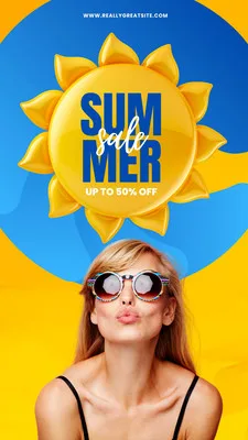 Template de Story para Instagram com tema de verão. Um grande sol amarelo com a frase 'Summer Sale' e 'Up to 50% Off' em azul. Abaixo, uma mulher com óculos de sol estilosos envia um beijo. Cores vibrantes de amarelo e azul dominam o design.
