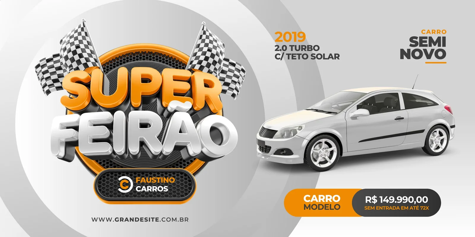 Banner horizontal em tons de laranja, cinza e branco para um feirão automotivo. Destaca um carro seminovo branco, bandeiras quadriculadas e o título "Super Feirão". Inclui preço e informações de financiamento.