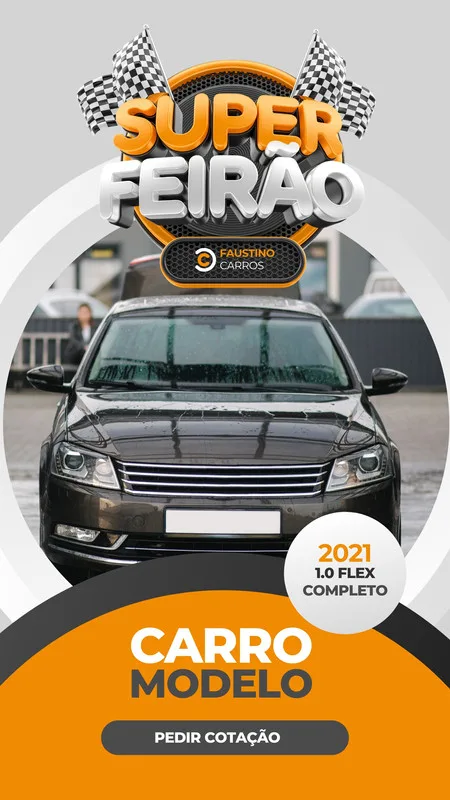 Template de Story para Instagram com o tema "Super Feirão". Apresenta um carro escuro em destaque, bandeiras quadriculadas, e texto promocional com botão para "Pedir Cotação".
