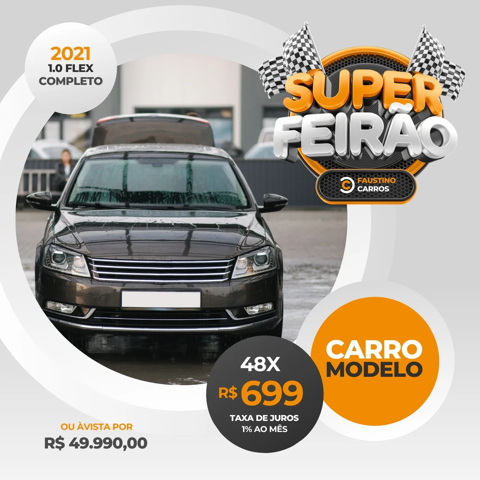 Template de post para redes sociais com um carro escuro em destaque, bandeiras quadriculadas e o texto 'Super Feirão Automotivo'. Informações sobre parcelamento e preço à vista estão visíveis.