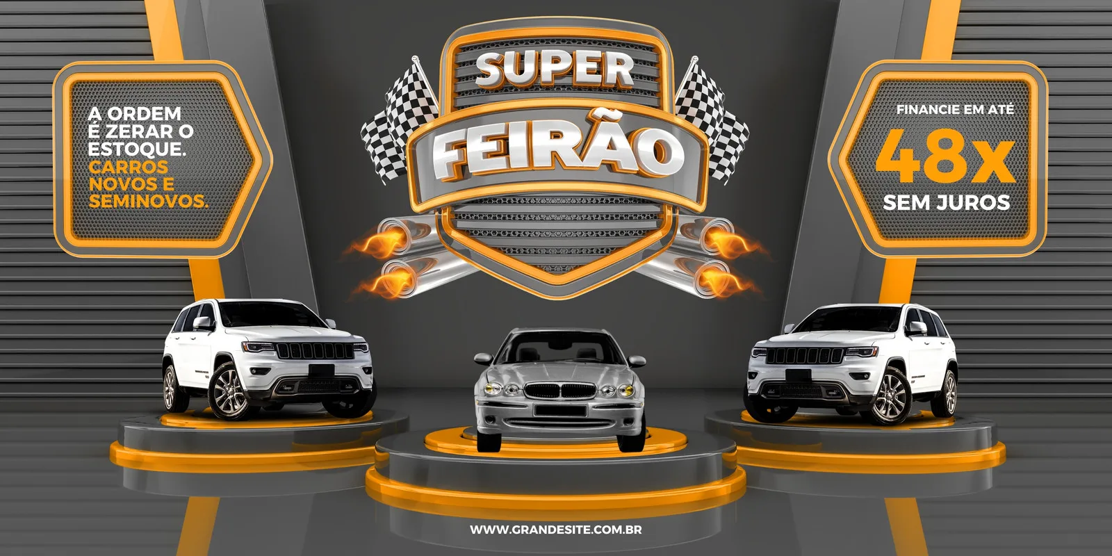 Banner horizontal em tons de cinza e laranja para um Super Feirão de carros. Três SUVs em destaque, com o logo 'Super Feirão' centralizado, bandeiras quadriculadas e detalhes de escapamento com fogo. Informações sobre zerar estoque e financiamento em 48x sem juros.