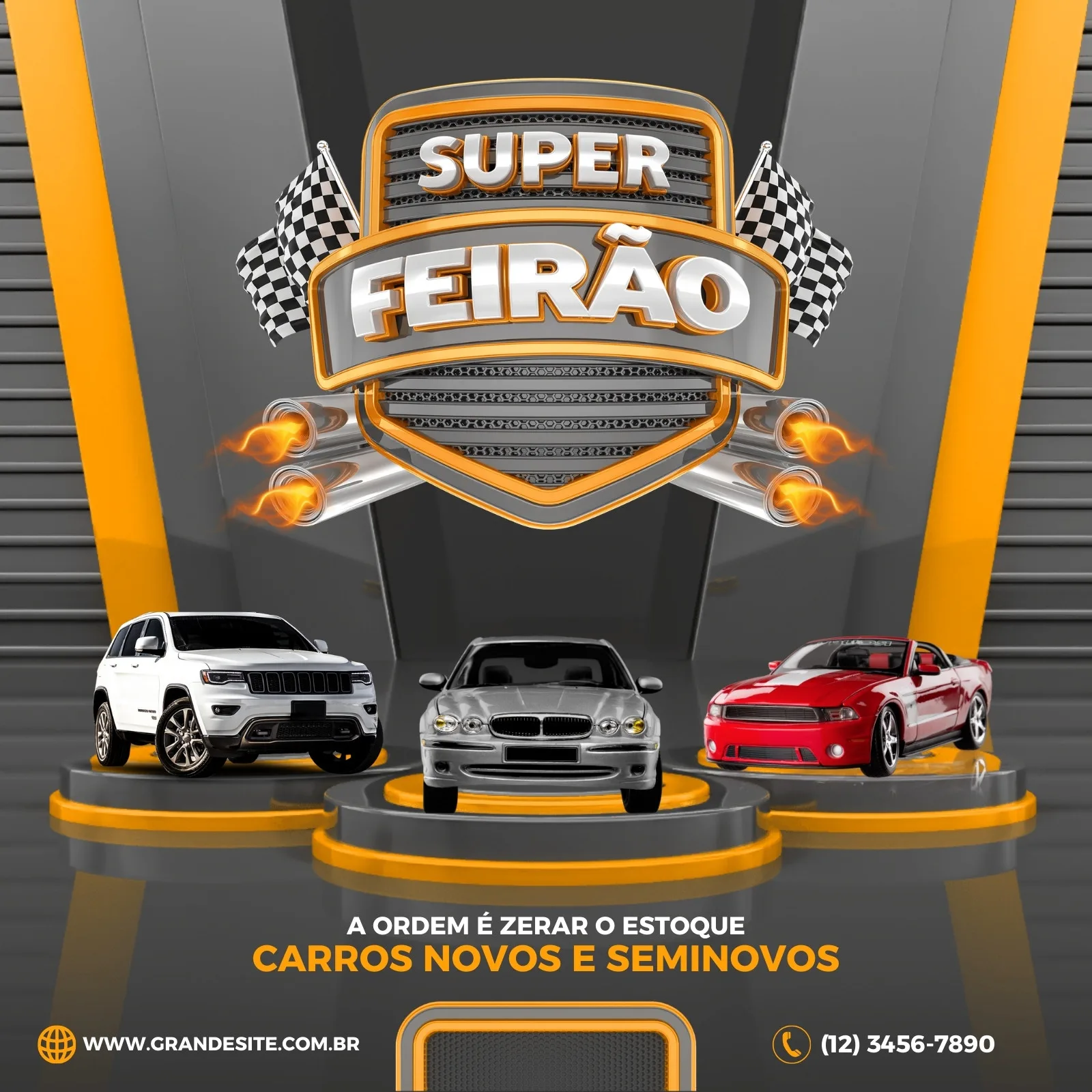Template de post para Instagram e Facebook com tema automotivo, destacando um "Super Feirão" de carros novos e seminovos. Três carros (SUV branco, sedan prata, esportivo vermelho) estão em destaque sobre pedestais, com bandeiras quadriculadas e saídas de escape em chamas ao fundo. O design utiliza cores laranja e cinza.