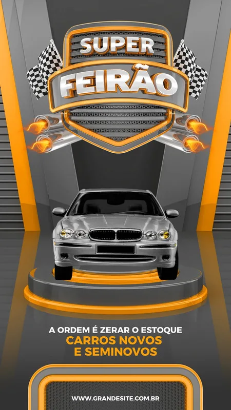 Template de Story para Instagram com tema de feirão de carros. Um carro prateado em destaque, com bandeiras quadriculadas e o título 'Super Feirão' em letras 3D. Fundo em tons de laranja e cinza, com elementos gráficos que remetem à velocidade e competição automotiva.