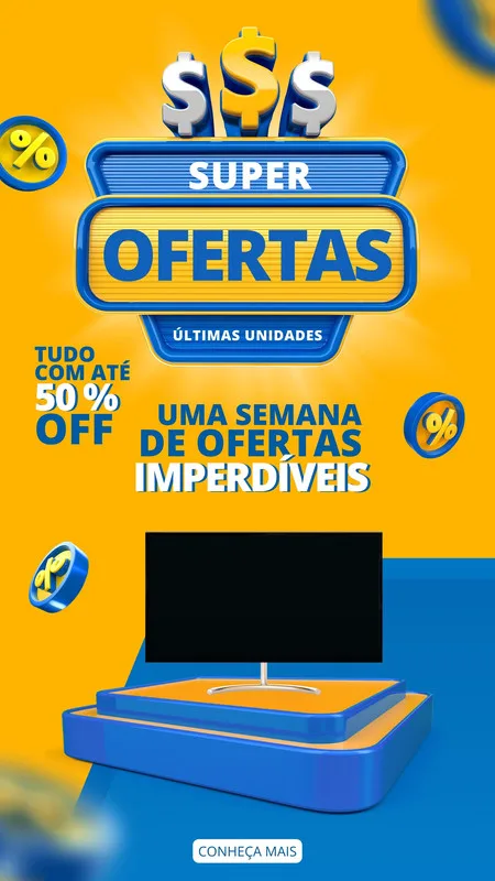 Template de Story para Instagram com fundo amarelo e azul vibrante, destacando "Super Ofertas" em letras grandes e azuis. Inclui ícones de porcentagem, cifrões e um espaço para imagem de produto, com texto "Tudo com até 50% OFF" e "Conheça Mais".