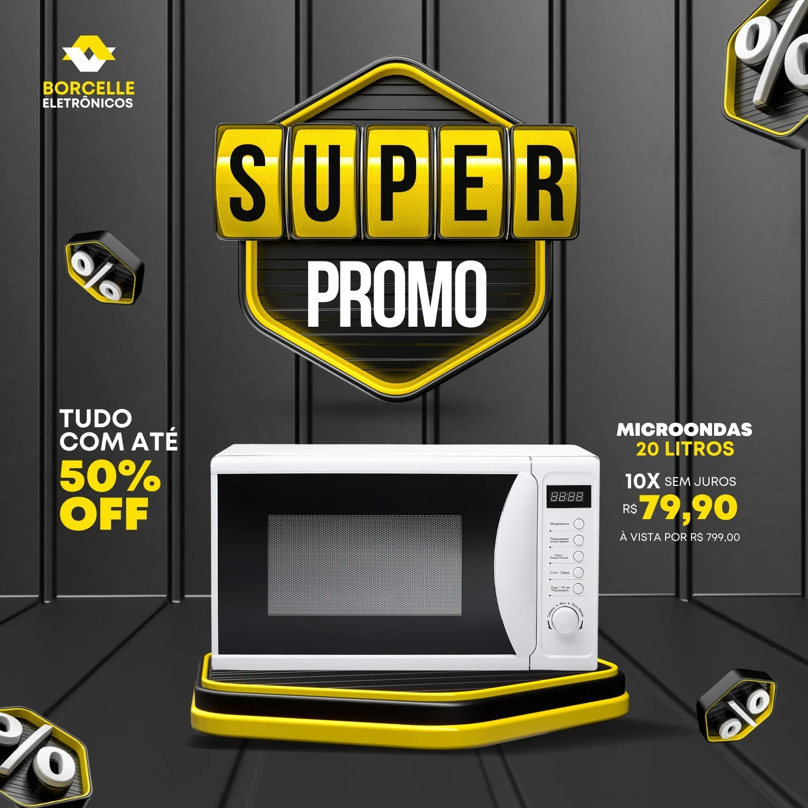 Template de post para Instagram com fundo escuro e detalhes em preto e amarelo. Destaca um micro-ondas em promoção com texto 'Super Promo' e 'Tudo com até 50% OFF'. Ideal para divulgar ofertas em lojas de eletrônicos.