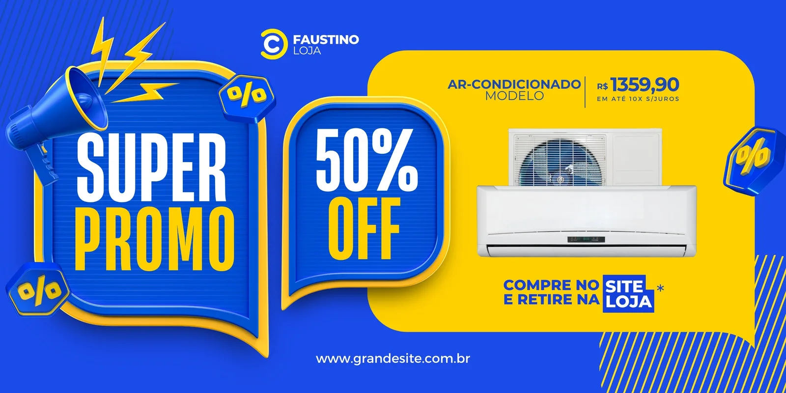 Banner horizontal azul e amarelo vibrante com a mensagem "Super Promoção 50% OFF". Destaca um ar-condicionado branco com detalhes em azul e o preço R$ 1359,90. Inclui um megafone azul, raios e símbolos de porcentagem, com a chamada "Compre no site e retire na loja".