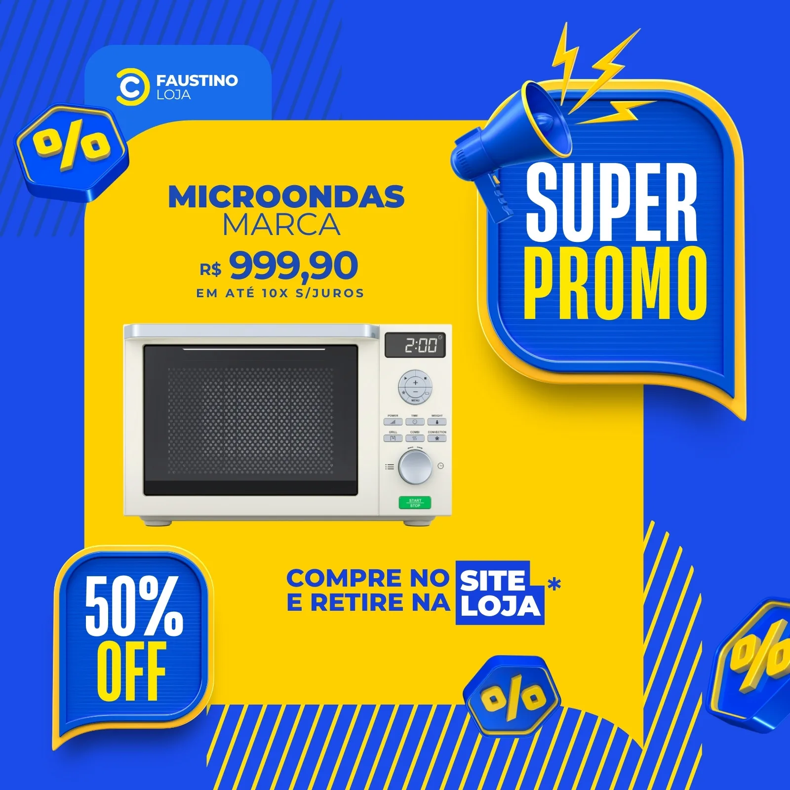 Template de post para Instagram com fundo azul e amarelo vibrante, anunciando 'Super Promoção' de micro-ondas. Destaca o preço R$ 999,90, 50% OFF e a opção 'Compre no site e retire na loja', com ícones de porcentagem e um megafone.