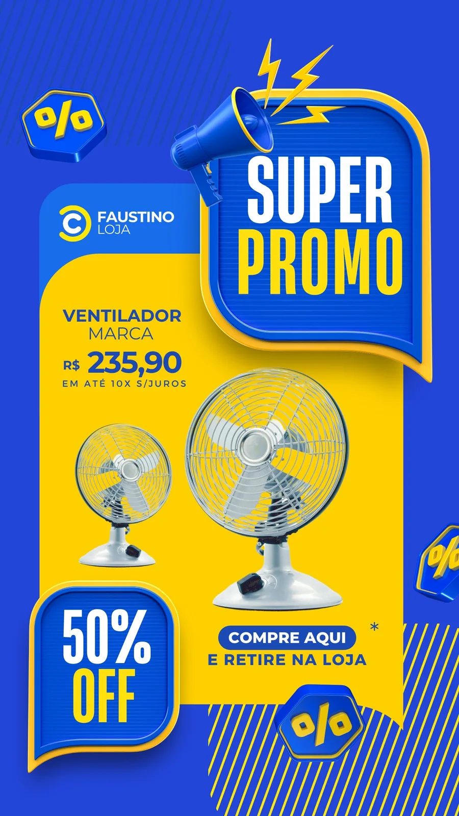 Template de Story para Instagram com fundo azul e amarelo, destacando um ventilador em promoção com 50% OFF e o texto 'Super Promo'. Inclui um megafone e ícones de porcentagem, ideal para divulgar ofertas.