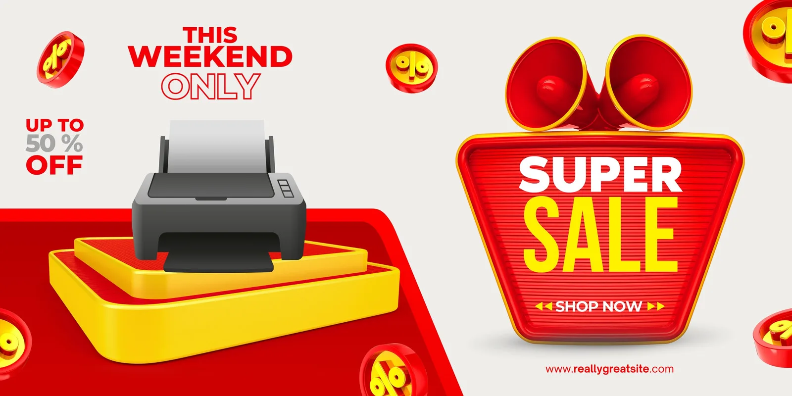 Banner horizontal em tons de vermelho e amarelo com a mensagem 'Super Sale' e 'This Weekend Only'. Um ícone de impressora está em destaque sobre plataformas 3D, com elementos de porcentagem flutuando. O CTA 'Shop Now' convida à ação.