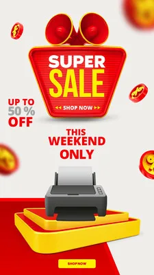 Template de Story para Instagram com fundo branco e vermelho, destacando um banner 'SUPER SALE' em vermelho e amarelo. Inclui texto 'UP TO 50% OFF' e 'THIS WEEKEND ONLY', além de uma imagem de impressora em destaque. Moedas flutuantes com símbolo de porcentagem adicionam um toque promocional.