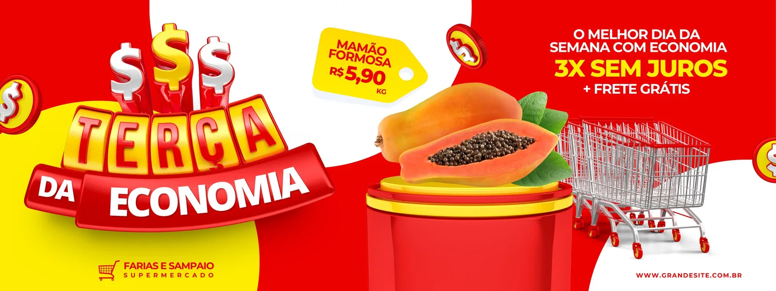Banner horizontal para supermercado com o título "Terça da Economia" em destaque. Elementos visuais incluem símbolos de dólar, frutas (mamão), carrinhos de compras e texto promocional sobre parcelamento e frete grátis.