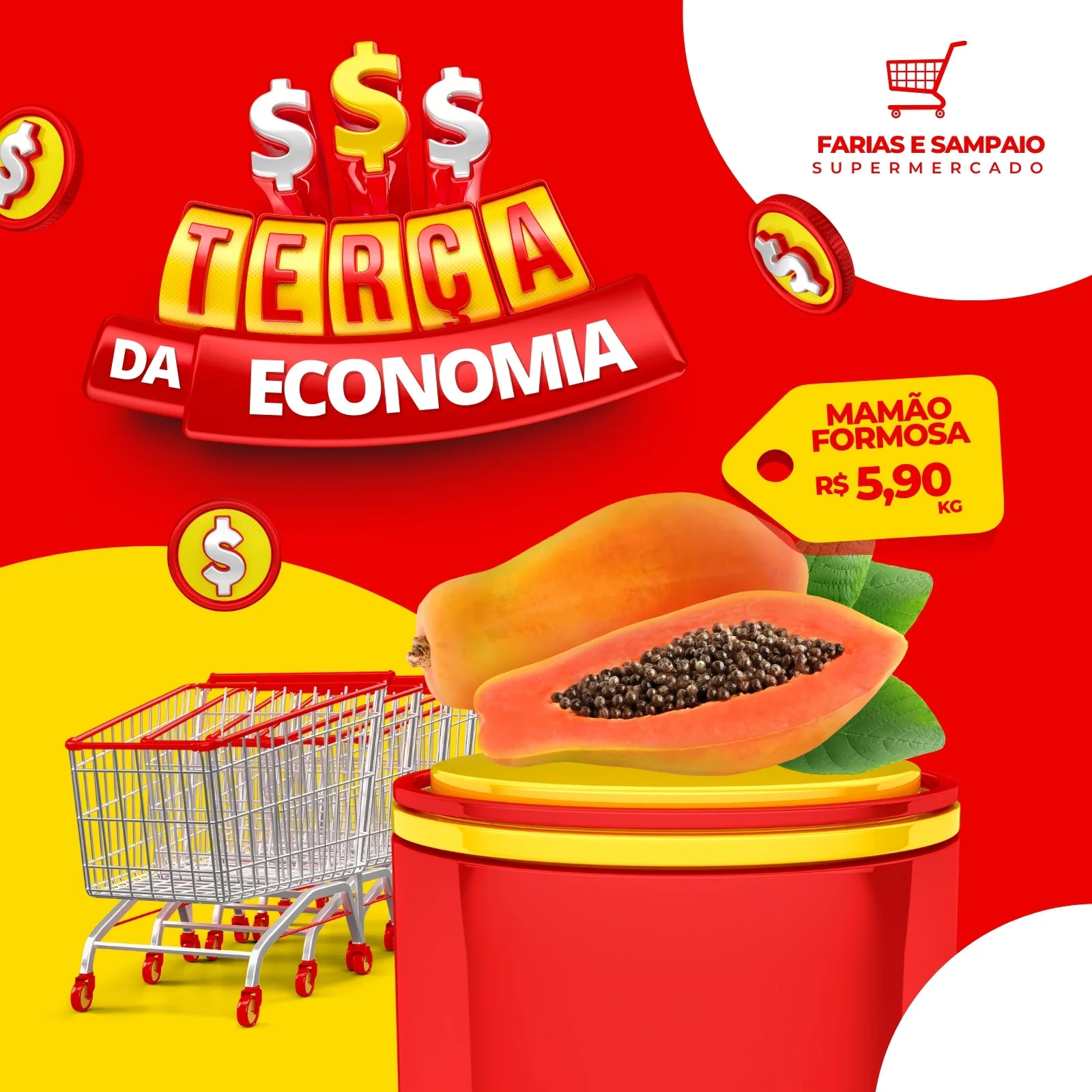 Template de post para Instagram com fundo vermelho e amarelo, destacando a frase 'Terça da Economia' em 3D. Inclui imagens de carrinhos de supermercado, mamão em promoção e o logo 'Farias e Sampaio Supermercado'.