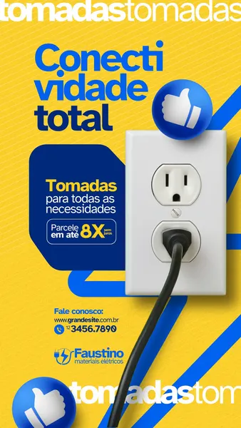 Template de Story para Instagram com fundo amarelo vibrante e detalhes em azul. Destaca uma tomada branca com um cabo conectado, com o texto "Conectividade total" e "Tomadas para todas as necessidades". Inclui informações de contato e logo de "Faustino Materiais Elétricos".