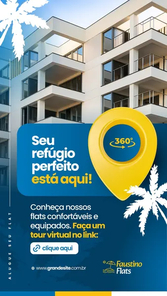 Template de Story para Instagram com fundo azul escuro e branco, apresentando um prédio moderno com varandas. Um ícone de localização amarelo com '360°' em seu interior e palmeiras brancas nas bordas sugerem um tour virtual de flats para aluguel.